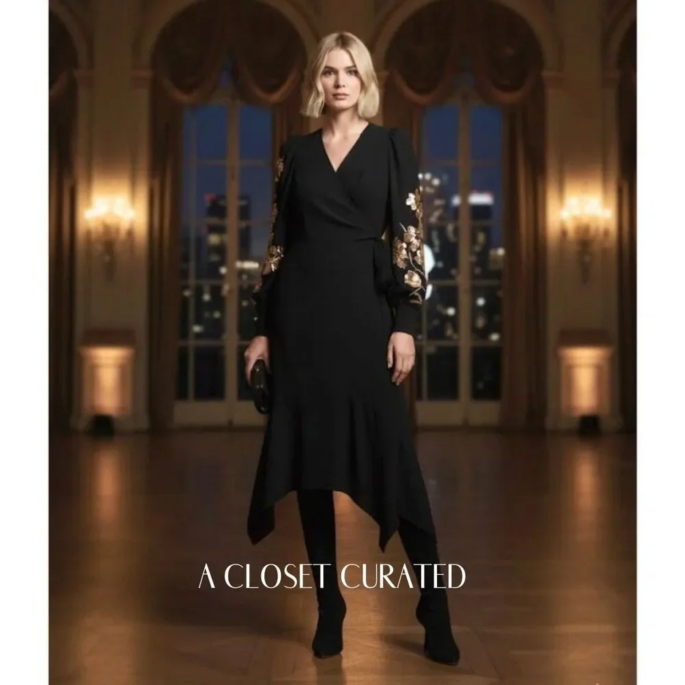 black embroidered wrap dress Zarina Embroidered Midi Wrap Dress